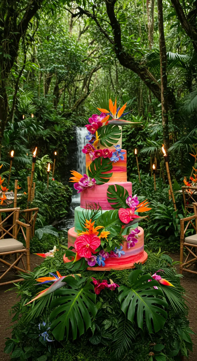 Pastel de bodas de colores vivos con flores tropicales y hojas de monstera en la selva.