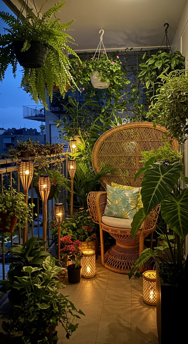 Balcón exuberante estilo jungla con sillón pavo real, muchas plantas tropicales y antorchas solares.