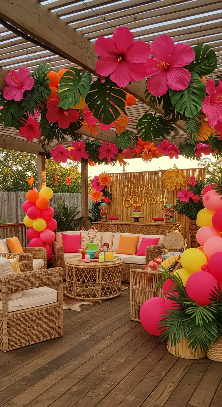 Patio con pérgola decorada con flores tropicales de papel gigantes y globos.