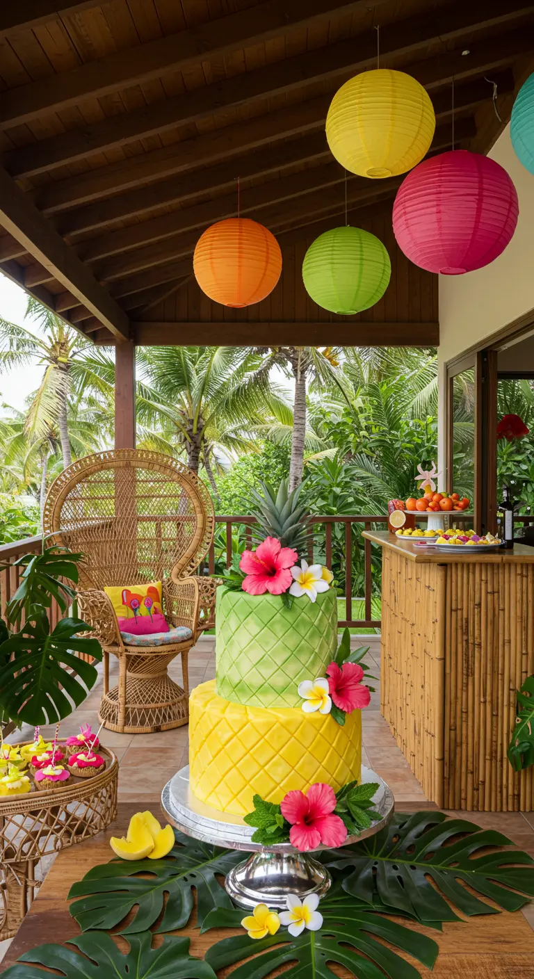 Pastel tropical de dos pisos decorado con hibiscos en un porche con farolillos de papel.