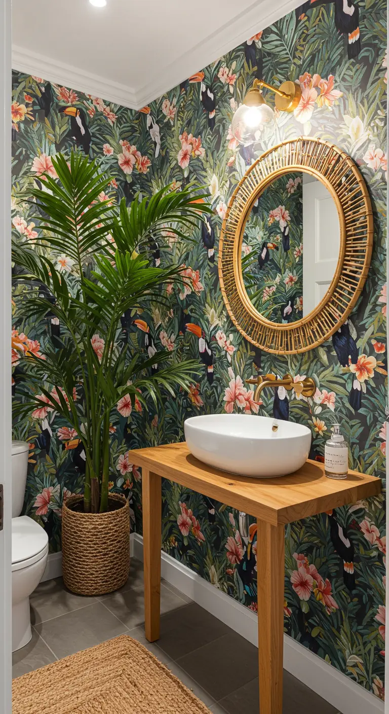 Baño pequeño con un atrevido papel pintado de tucanes y hojas tropicales