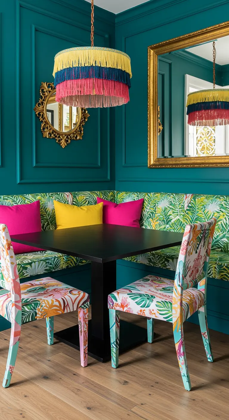 Comedor maximalista con banco tapizado en tela tropical y cojines fucsia y amarillo.