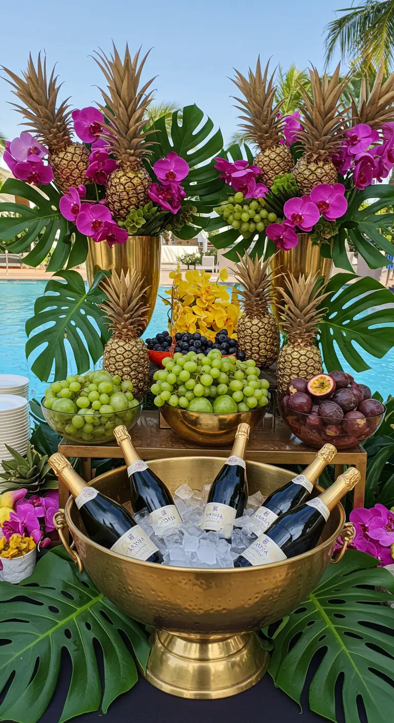 Barra de bebidas tropical junto a la piscina con piñas, orquídeas, uvas y cava en hielo.