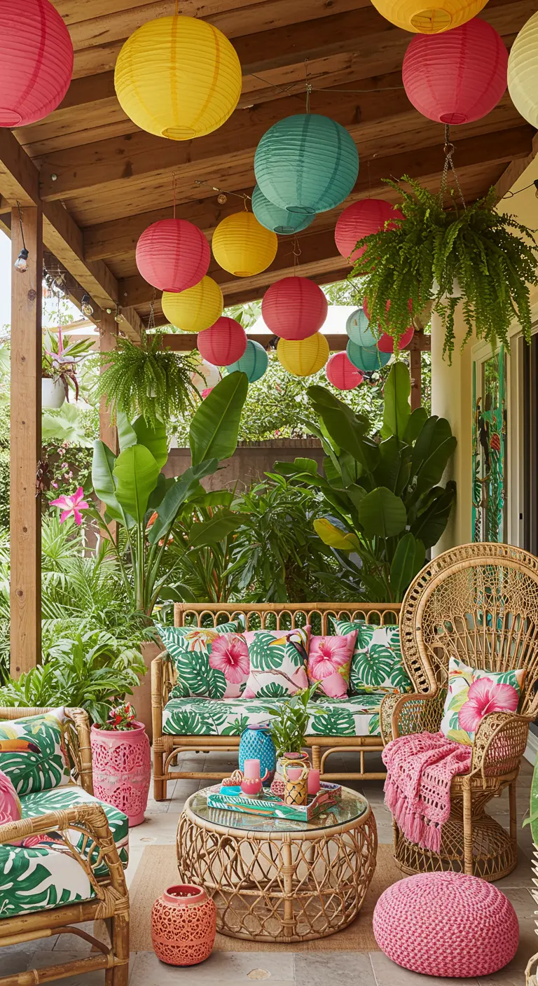 Porche tropical con farolillos de papel de colores y muebles de ratán.