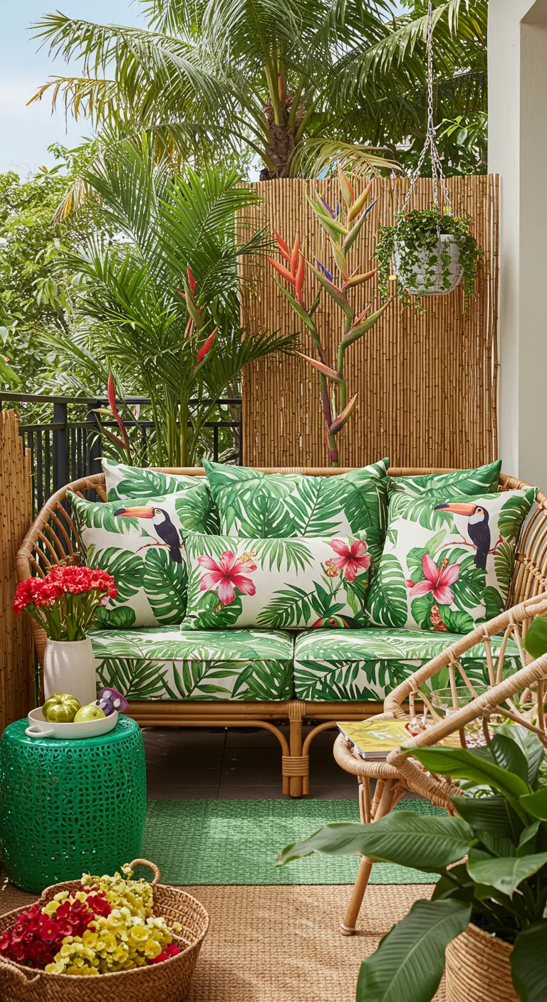 Balcón tropical con sofá de bambú y cojines con estampado de hojas y tucanes.