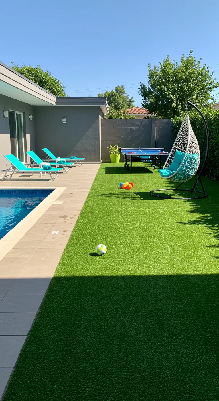 Patio junto a la piscina con césped artificial, tumbonas y columpio colgante con detalles en turquesa.