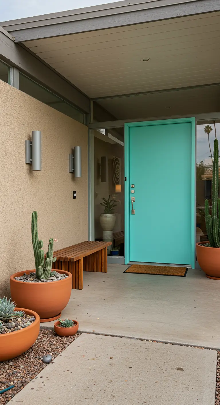 Entrada de estilo mid-century modern con una puerta de color turquesa brillante y grandes cactus