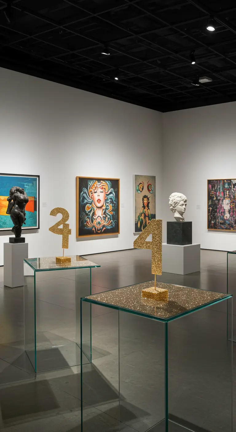 Números de mesa gigantes de glitter dorado expuestos como arte en una galería moderna.
