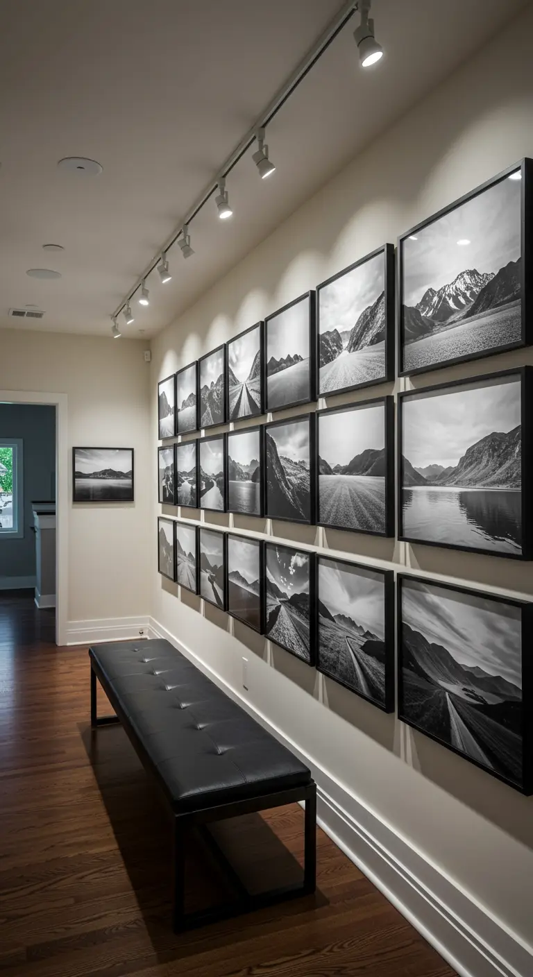 Pasillo convertido en galería fotográfica con una serie de paisajes en blanco y negro y un banco negro.
