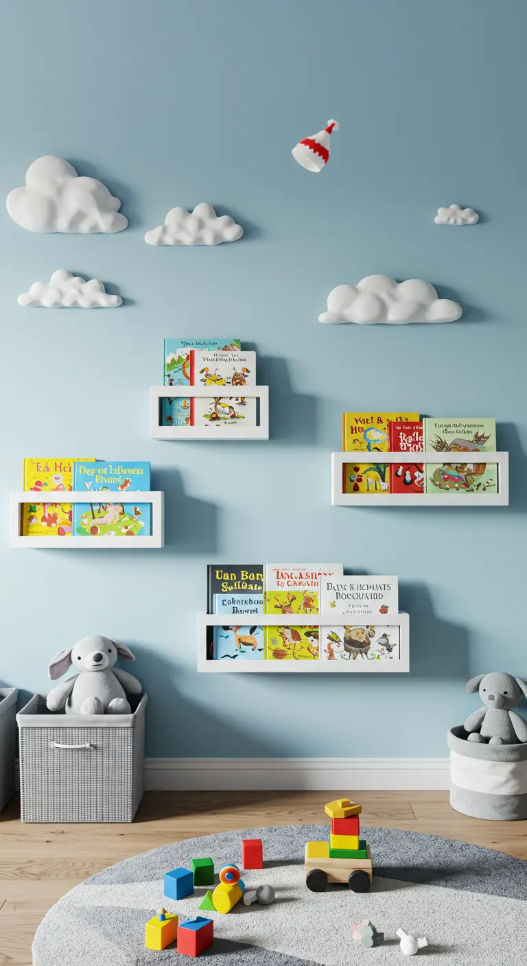 Estanterías flotantes blancas y bajas en una habitación infantil, mostrando libros de cuentos