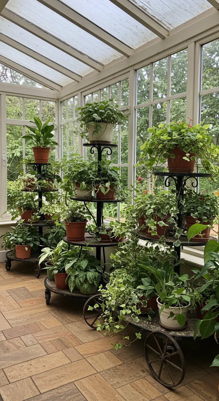 Expositores de plantas de varios niveles con ruedas en una luminosa galería acristalada.