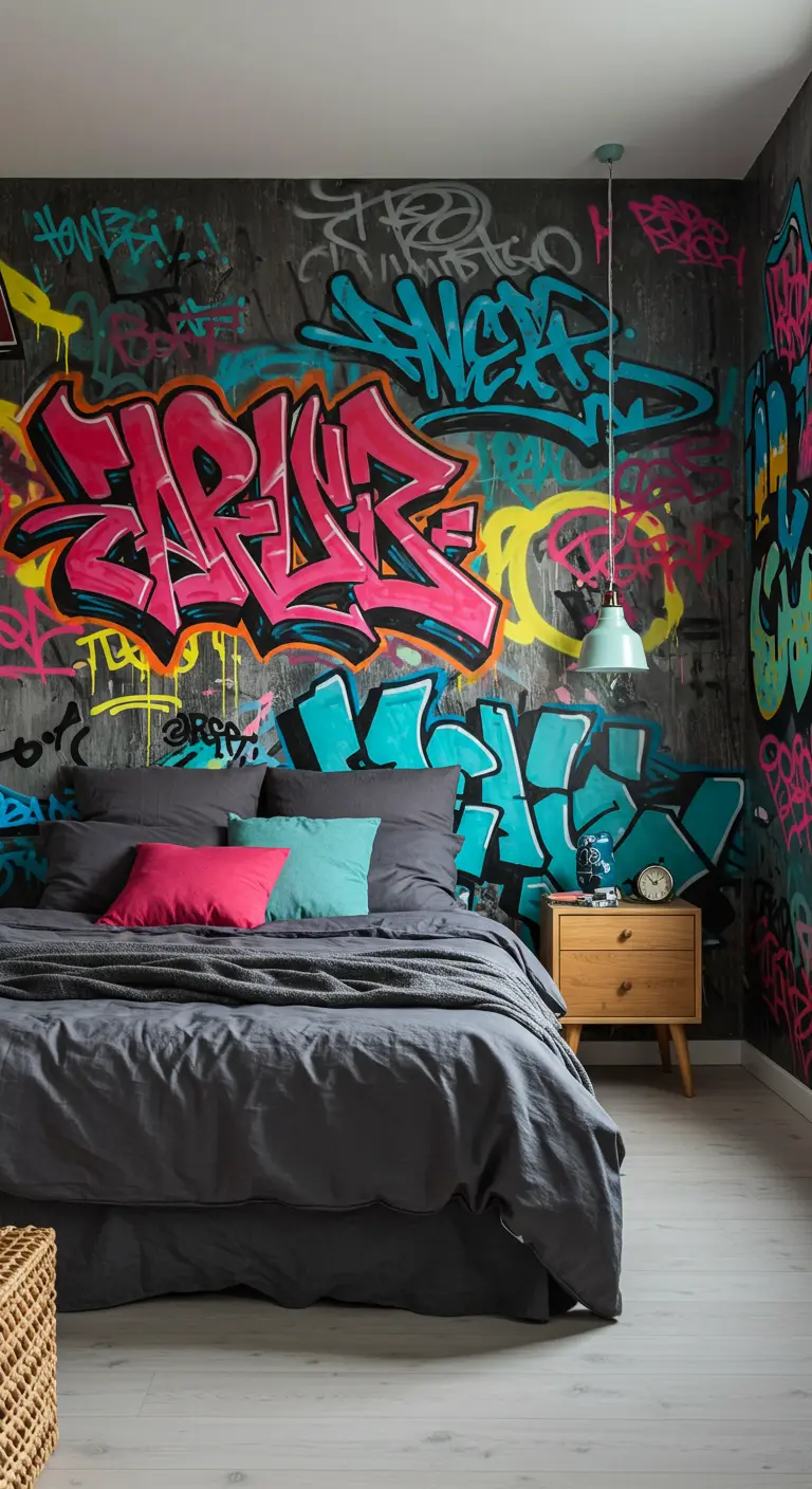 Pared de dormitorio cubierta con un vibrante y colorido mural de graffiti.