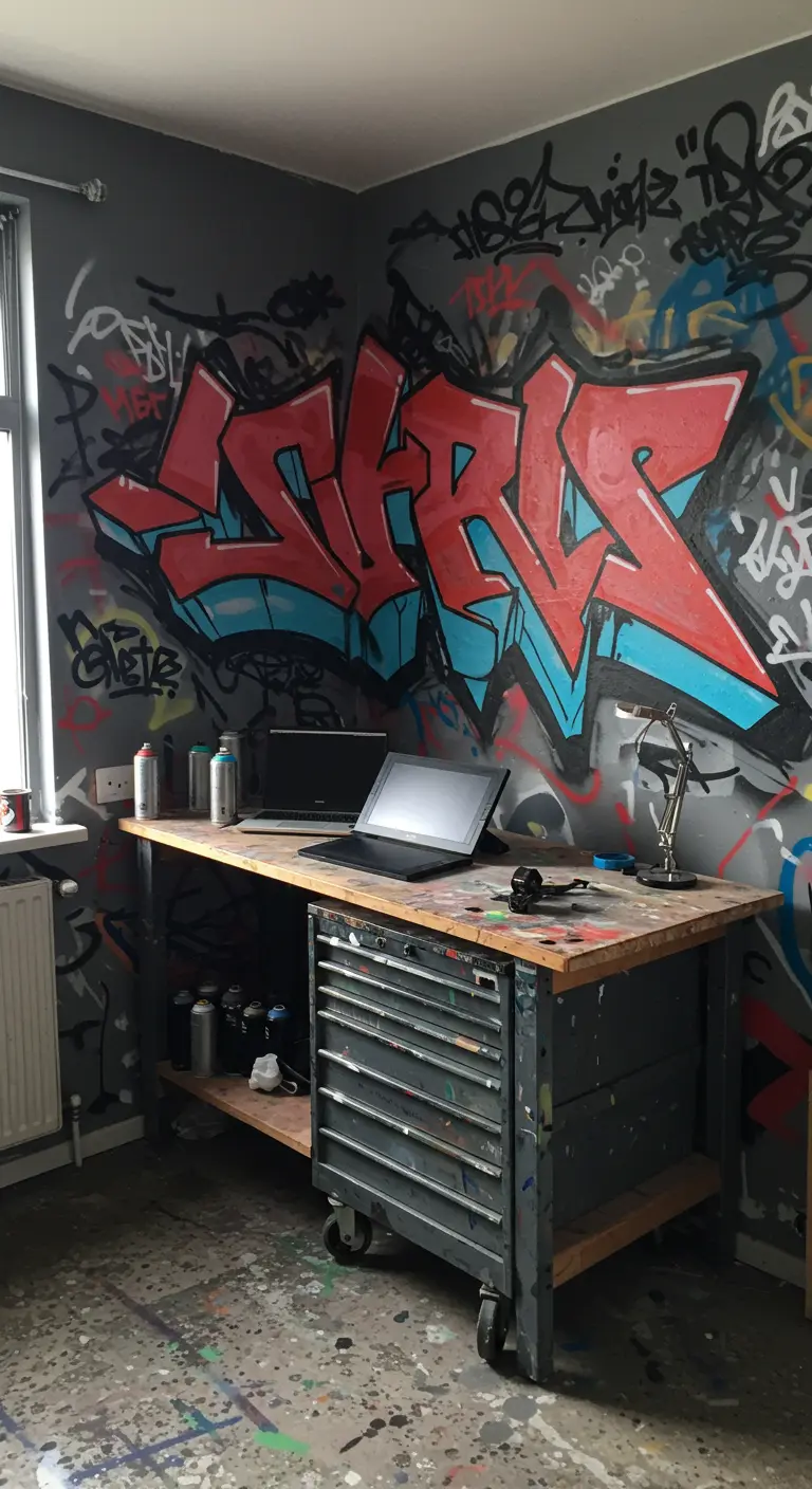Estudio con una pared cubierta de grafiti de colores, y un banco de trabajo con cajones metálicos