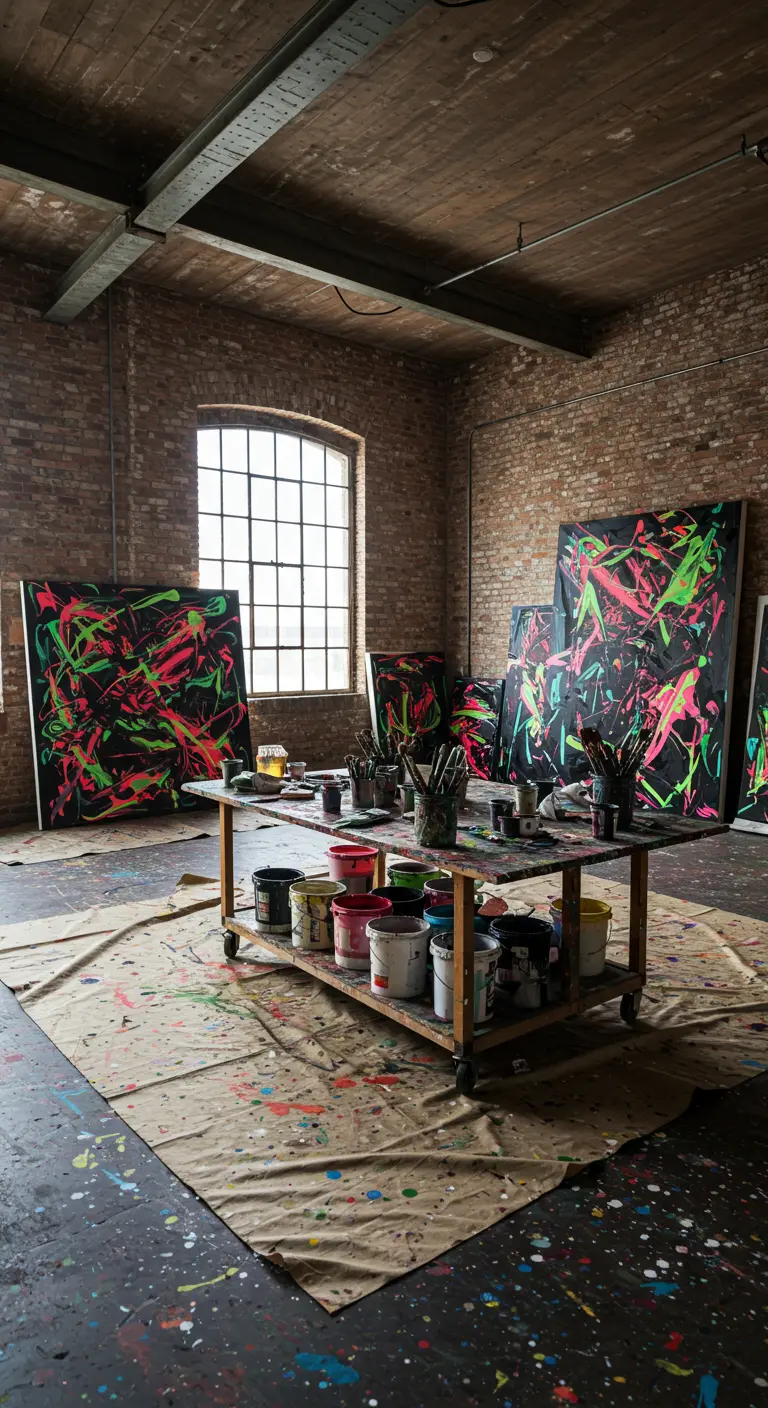 Estudio de un pintor en un loft industrial con grandes lienzos abstractos de colores neón.