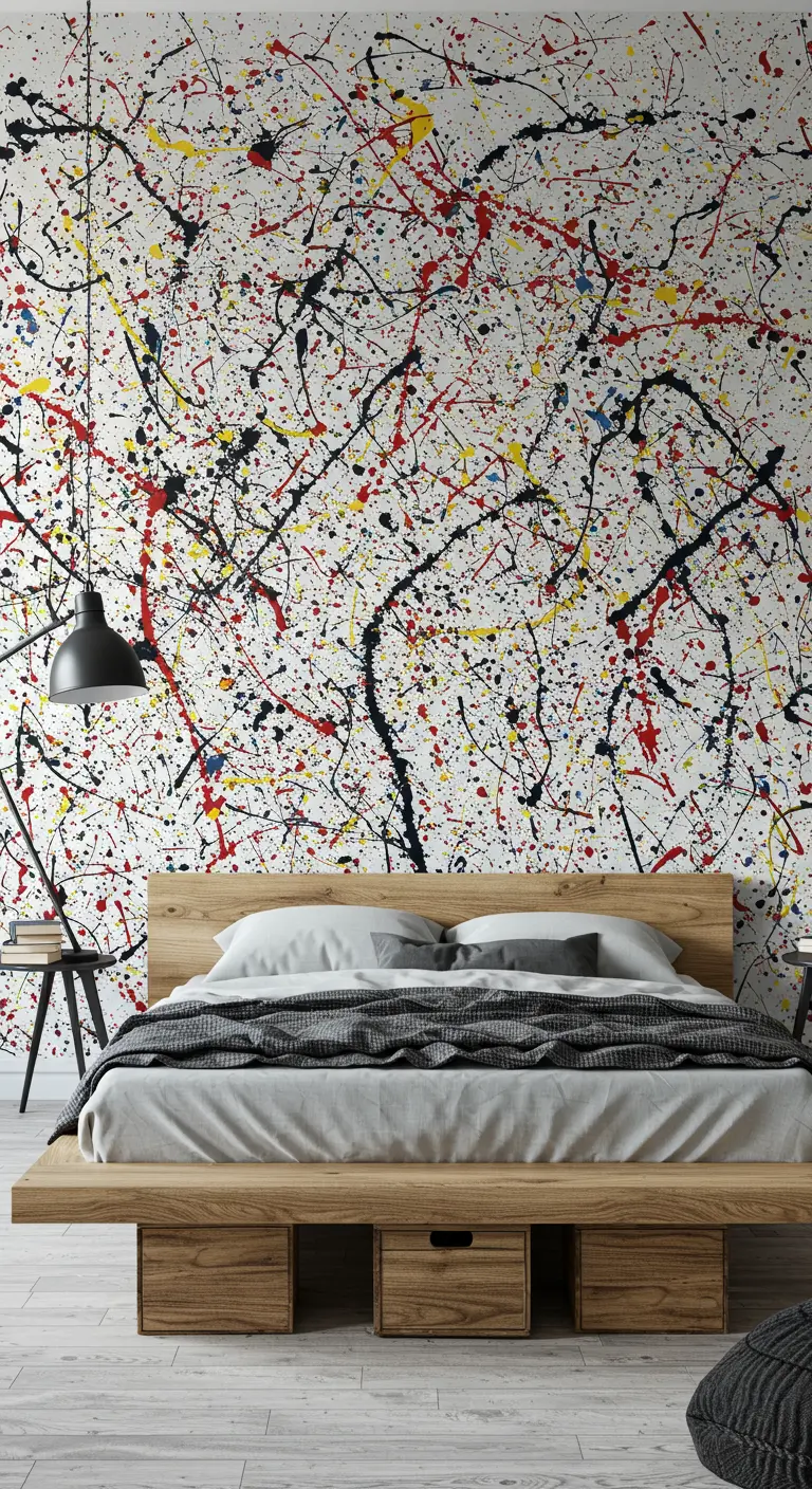 Pared de acento con un patrón de salpicaduras de pintura de múltiples colores, estilo Jackson Pollock.