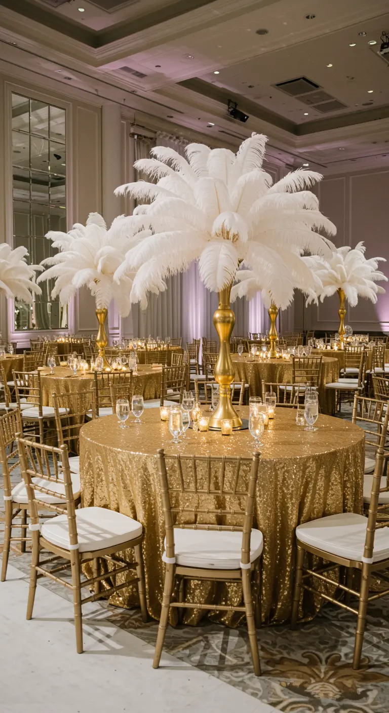 Mesas de boda con manteles de lentejuelas doradas y grandes centros de mesa de plumas blancas.
