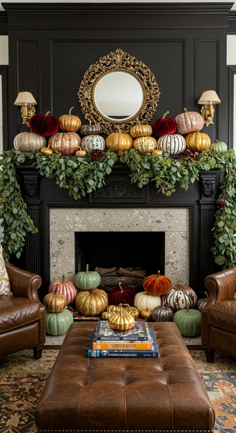 Chimenea negra con un espejo dorado rococó y una abundancia de calabazas de diferentes colores y texturas.