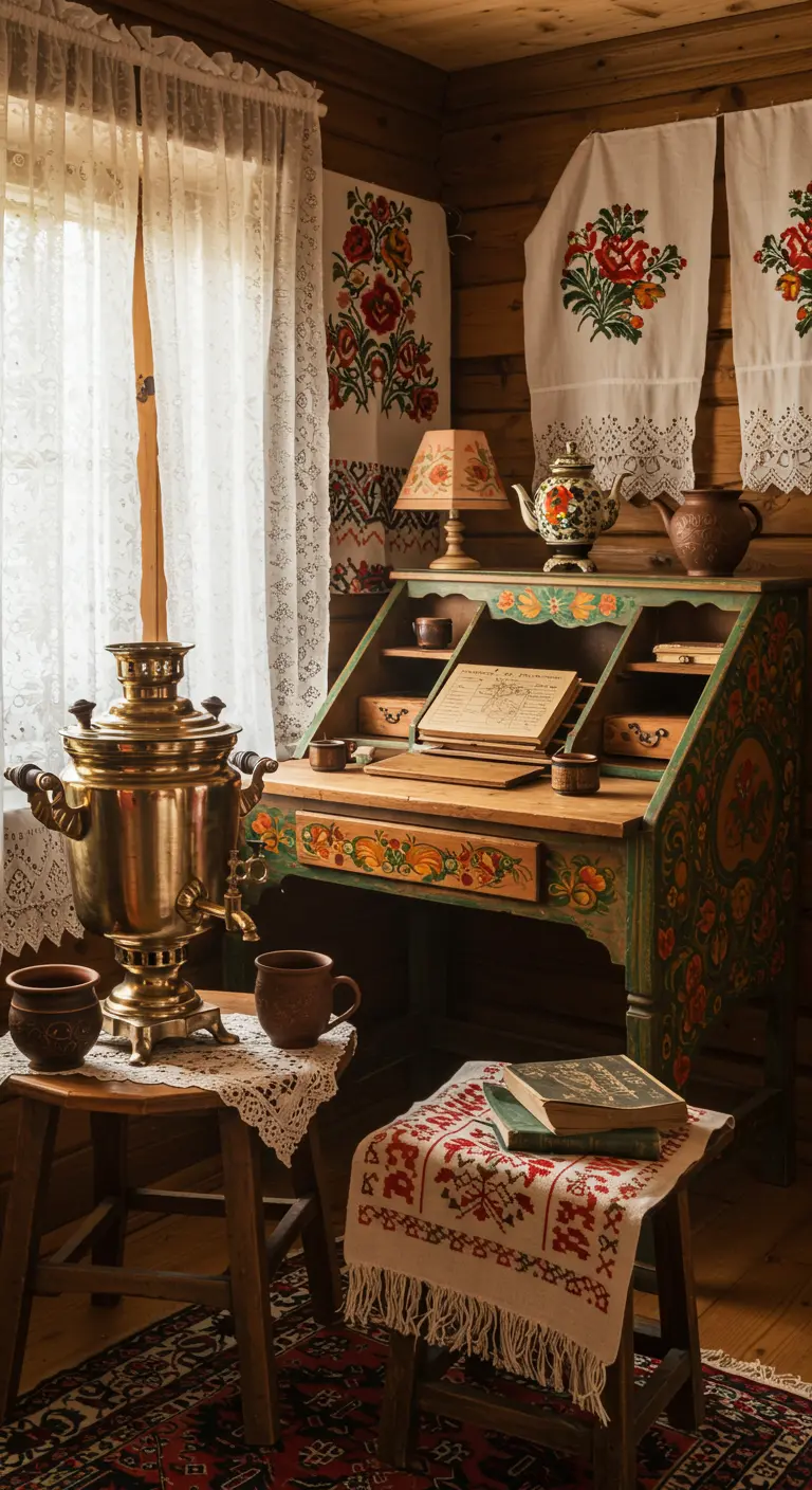 Escritorio de madera pintado con motivos florales de arte popular eslavo y un samovar.