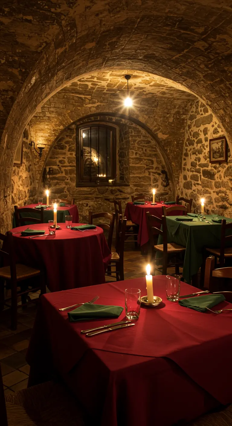 Mesas con manteles rojos y verdes en una bodega de piedra con luz de velas.