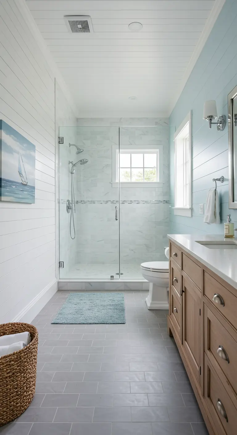 Baño luminoso con paredes de lamas blancas y una pared azul claro