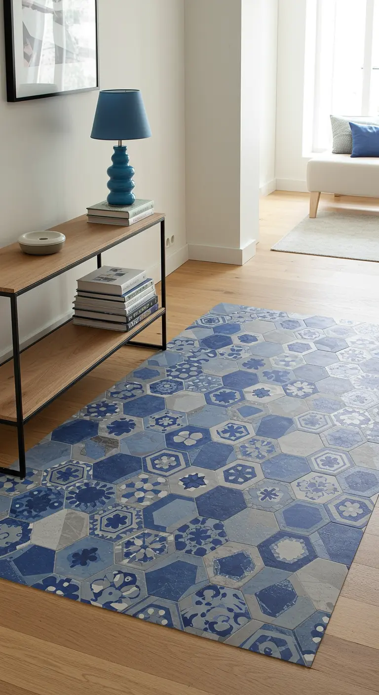 Alfombra vinílica con patrón de baldosas hexagonales en tonos azules y grises en un recibidor.