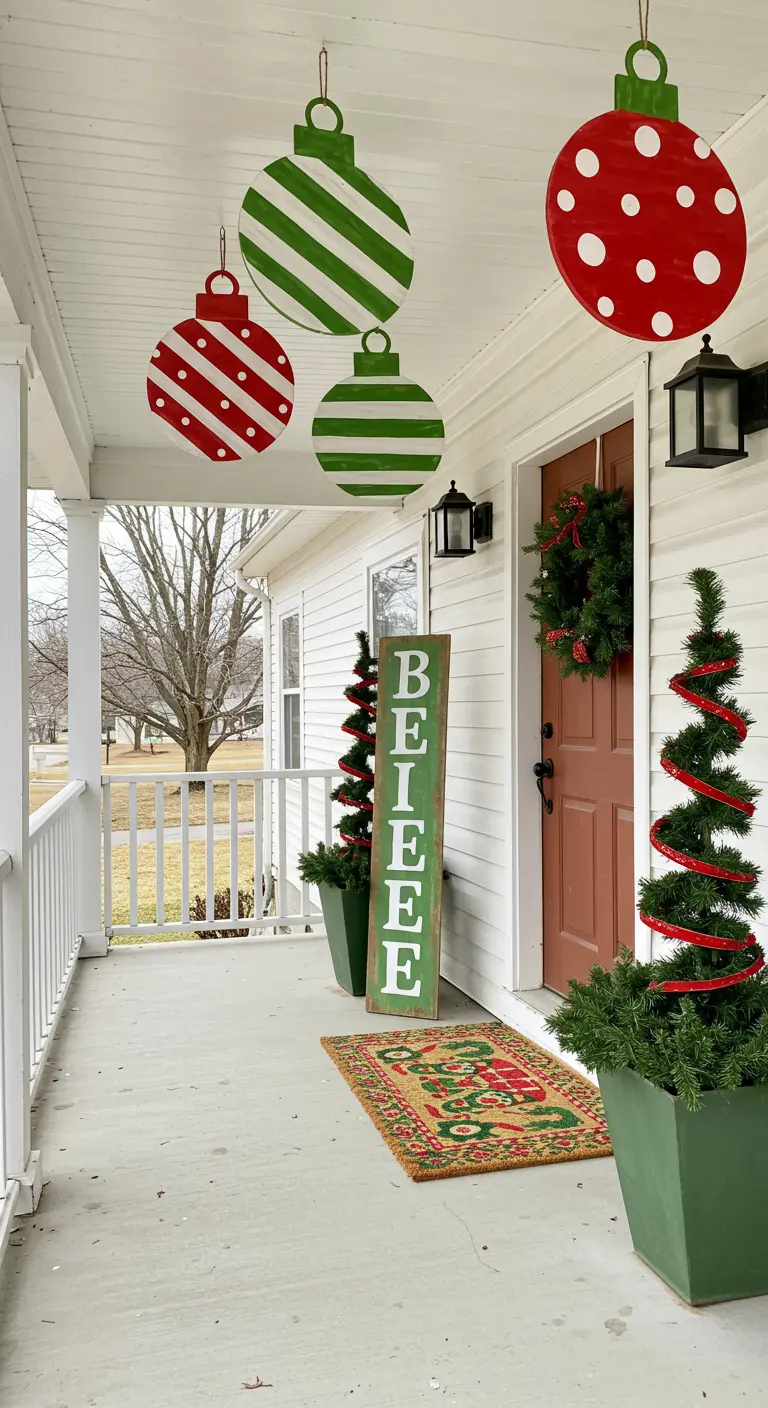 Porche blanco con adornos navideños gigantes de madera pintada colgando del techo.