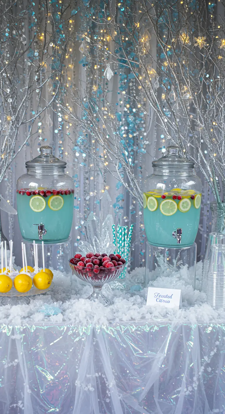 Mesa de bebidas invernal con temática de hielo, limonada azul y arándanos.