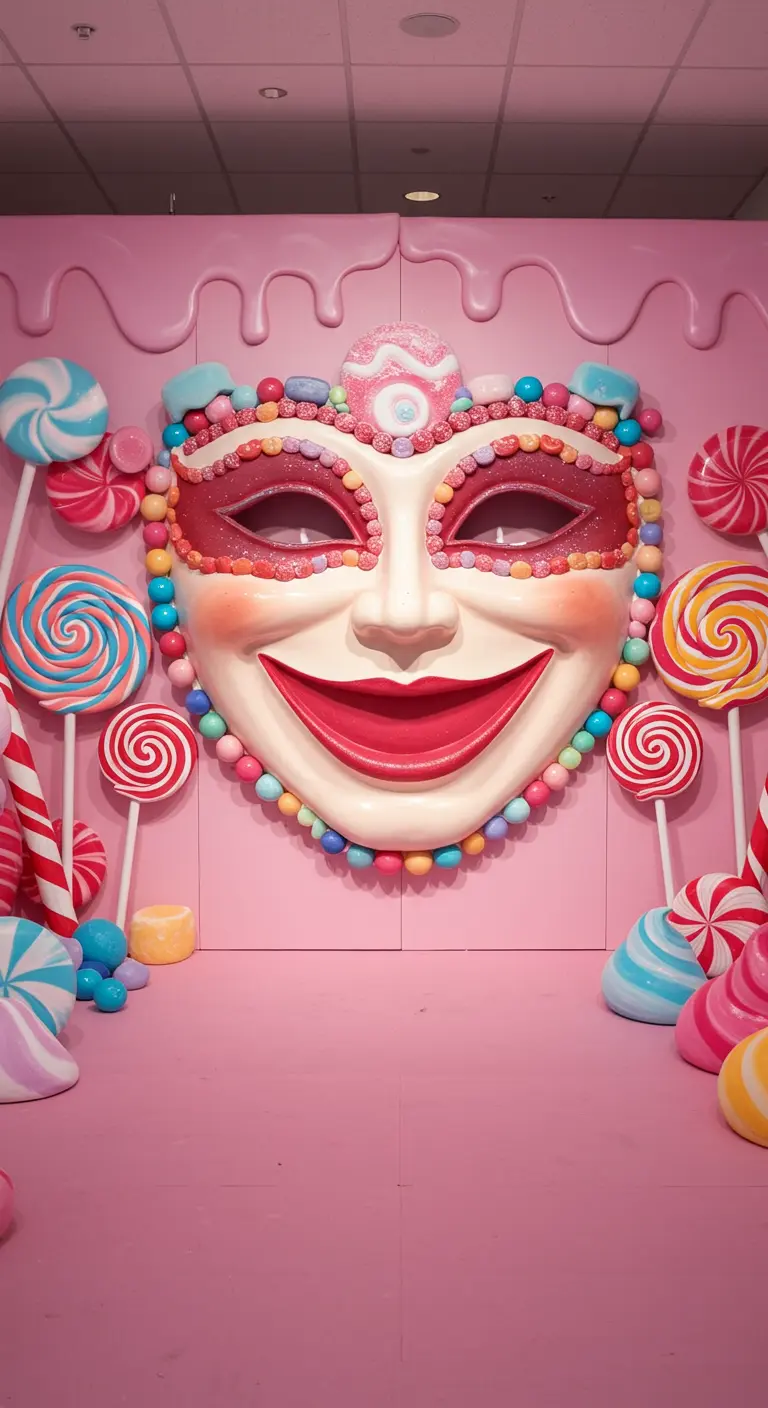 Máscara de carnaval sonriente en un mundo de caramelo rosa, rodeada de piruletas y dulces gigantes.