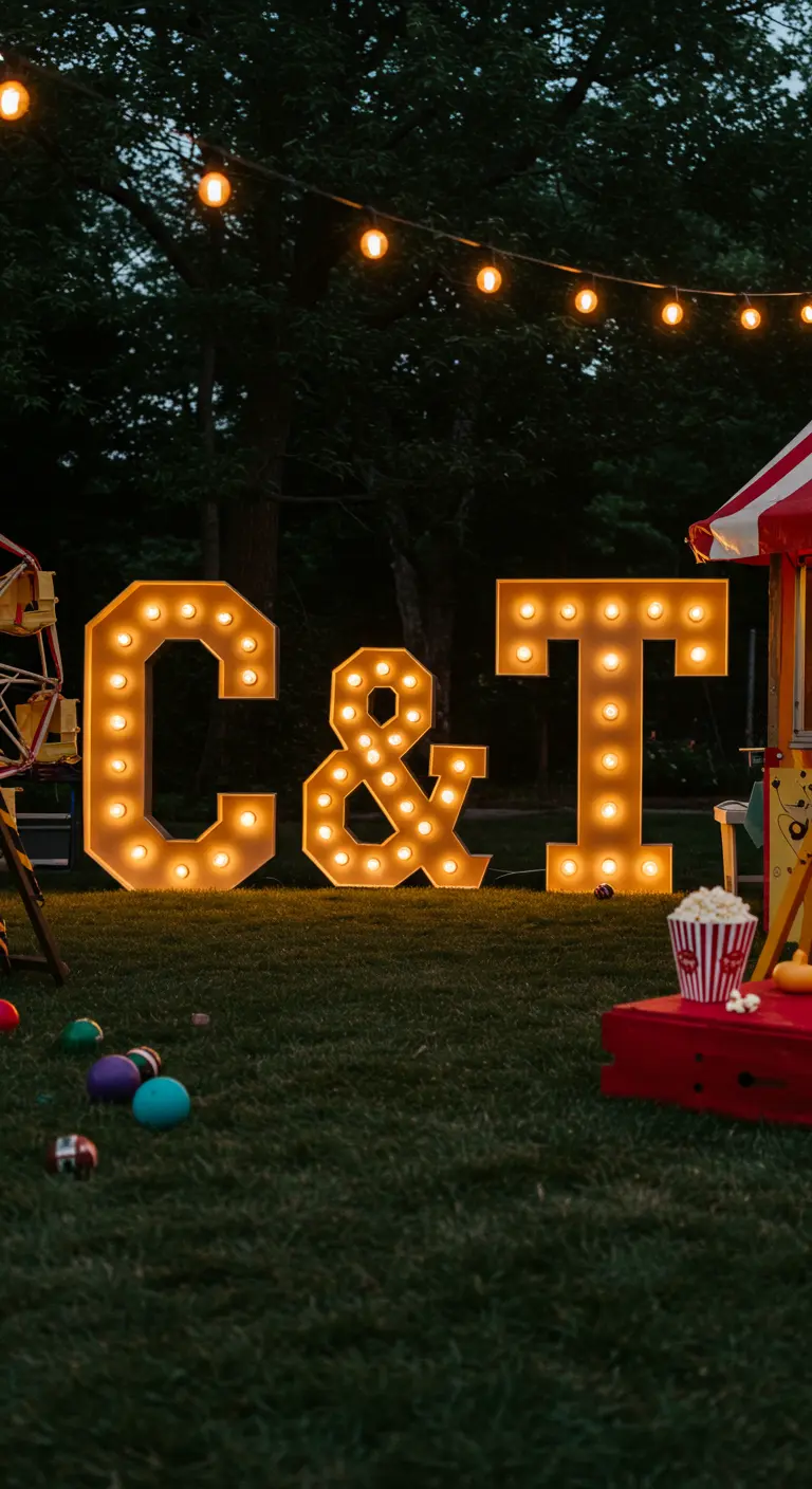 Letras luminosas 'C & T' en el césped por la noche, con temática de carnaval y una máquina de palomitas.