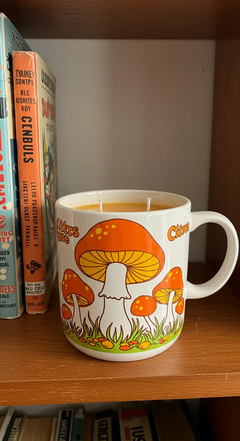 Vela de cera naranja en una taza blanca grande con un dibujo de setas de los años 70