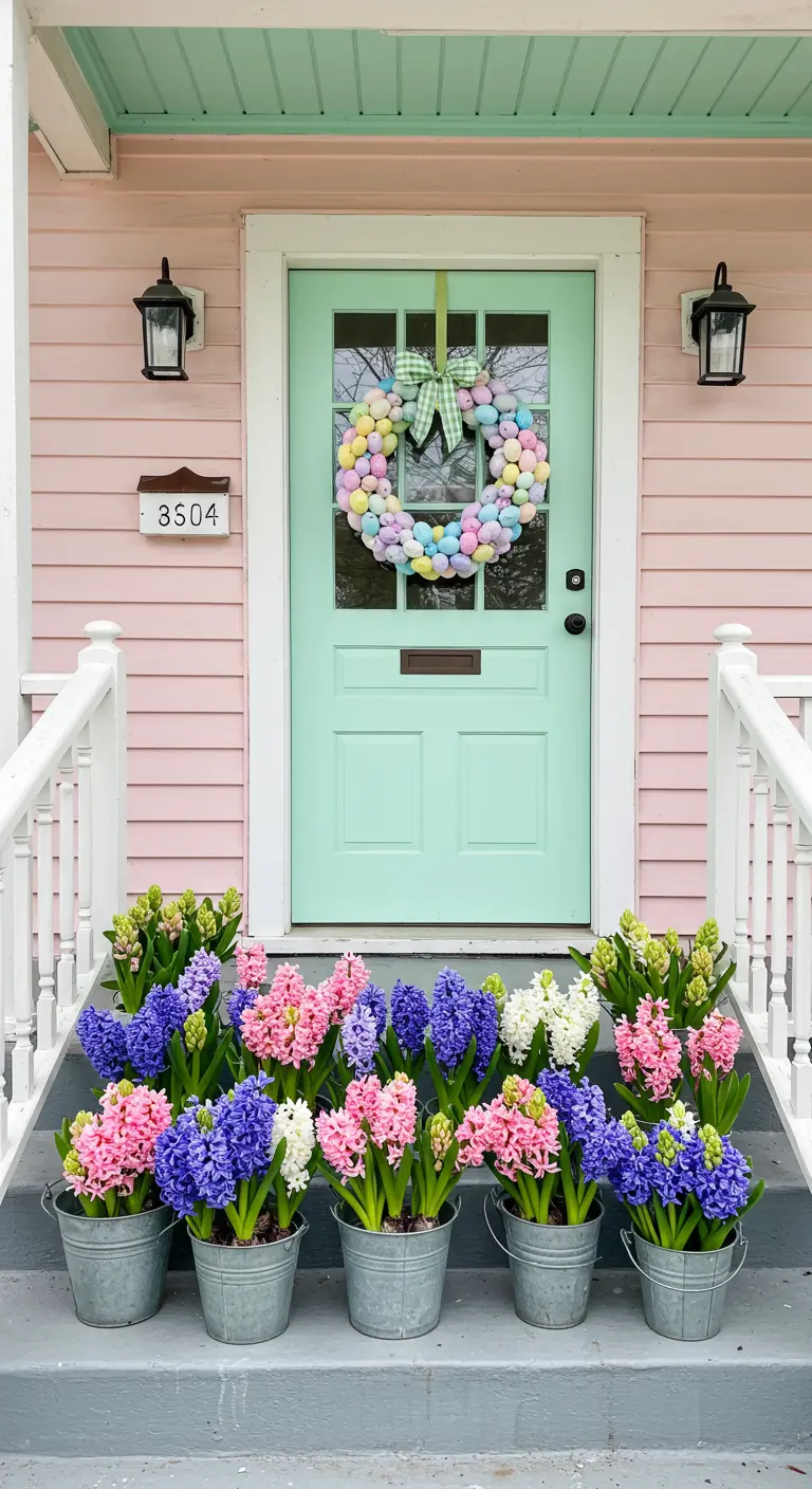 Porche rosa con puerta verde menta, corona de huevos de Pascua y jacintos de colores en cubos de zinc