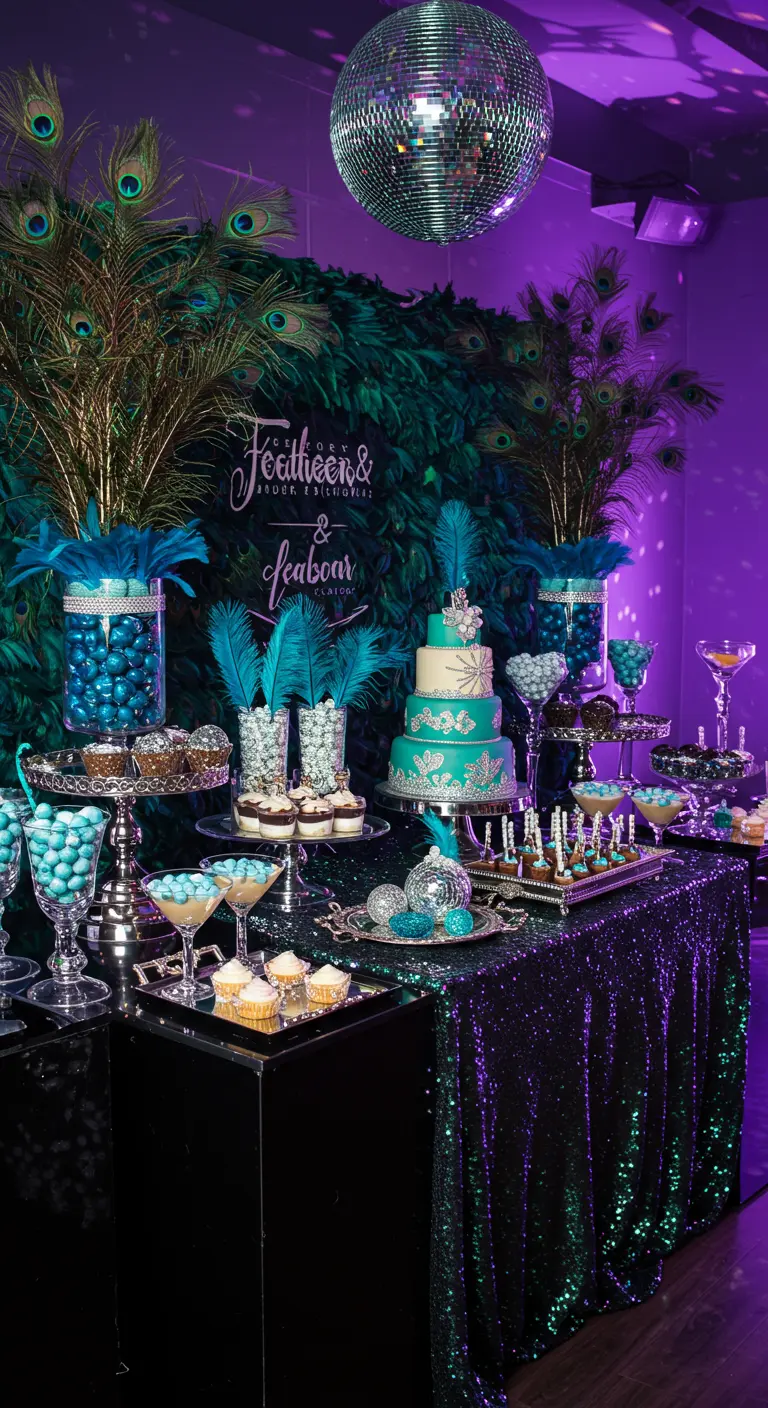 Mesa de dulces de Carnaval con temática de pavo real, mantel de lentejuelas y bola de discoteca.