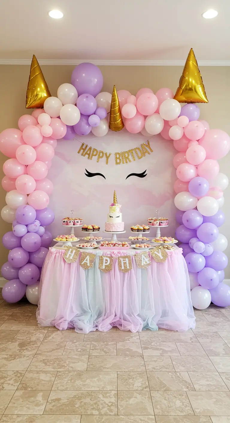 Arco de globos de unicornio en rosa y lila con cuernos dorados sobre una mesa de dulces.