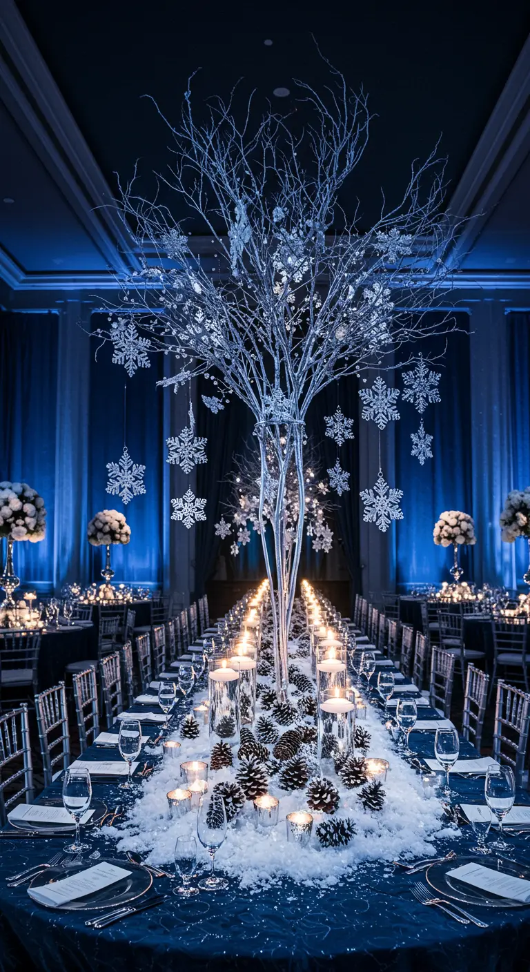 Espectacular centro de mesa de árbol blanco con copos de nieve colgantes en un salón azul.