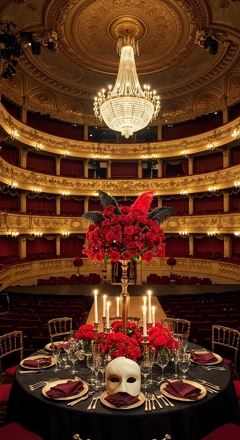 Mesa redonda en un teatro de ópera, decorada con rosas rojas y la máscara del Fantasma de la Ópera.