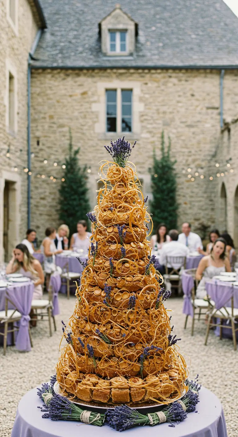 Torre de croquembouche gigante decorada con hilos de caramelo y lavanda.