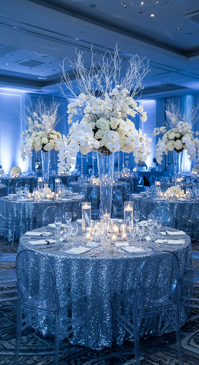 Mesas redondas de boda con manteles de lentejuelas plateadas y centros de flores blancas.