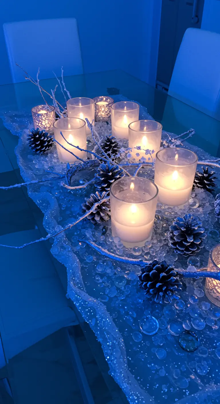 Centro de mesa con temática invernal, velas en vasos esmerilados y piñas sobre una base brillante.