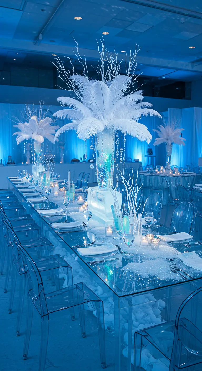 Mesa de banquete con temática de hielo, plumas blancas, cristales y sillas transparentes.