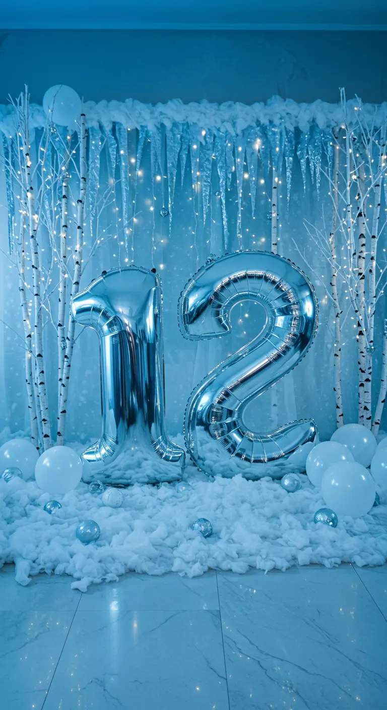 Escenario invernal con globos plateados del número 12, abedules blancos y nieve artificial.