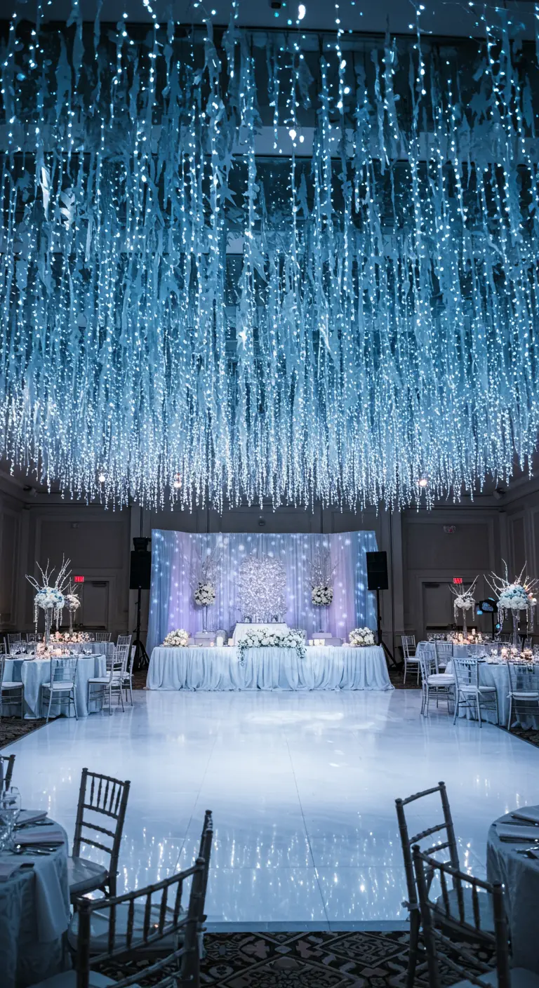 Salón de bodas decorado con un techo de luces azules y blancas para un tema invernal.