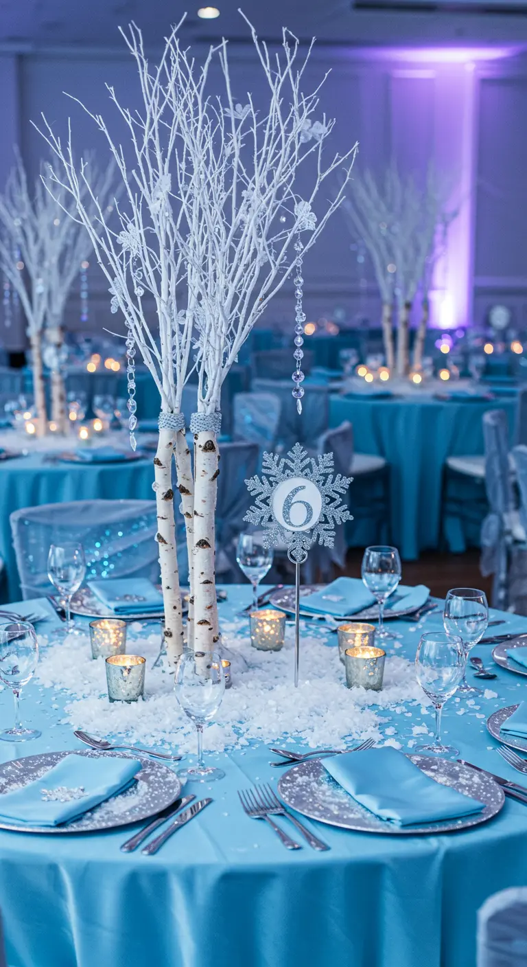 Mesa de fiesta invernal con un número de mesa en forma de copo de nieve con glitter plateado.
