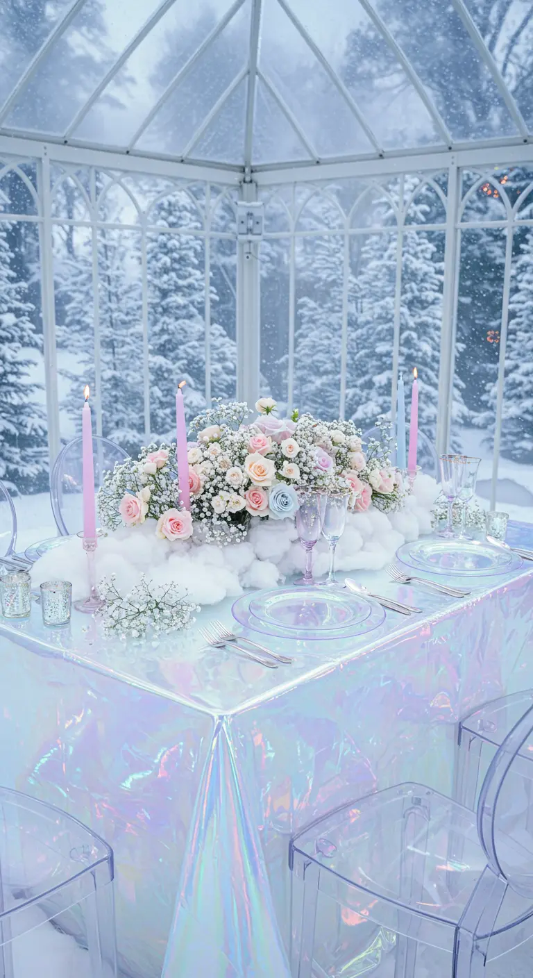 Mesa en un invernadero nevado con un mantel iridiscente y un centro de mesa floral en una nube.