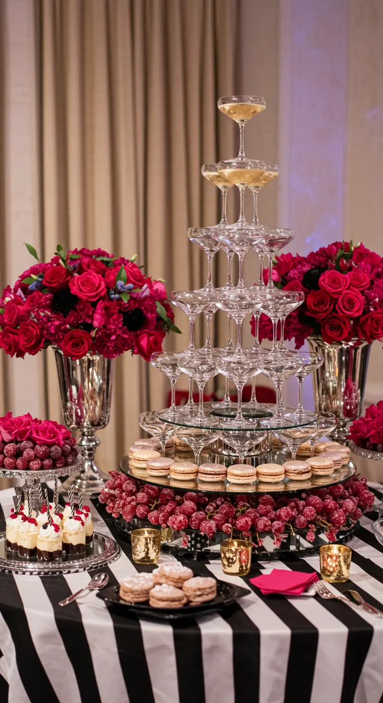 Mesa con mantel a rayas, torre de copas de champán, flores rosas y postres.
