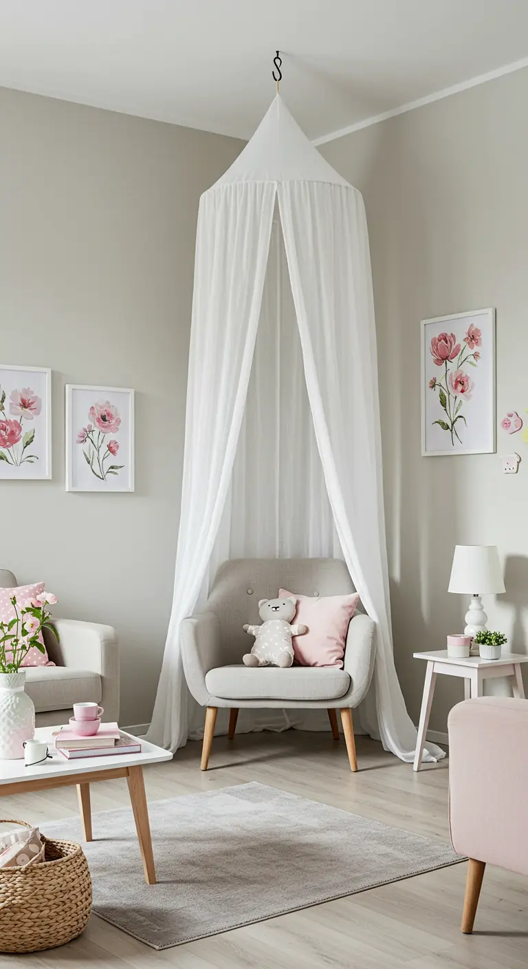 Rincón de lectura infantil o romántico con un sillón gris bajo un dosel de tela blanca.