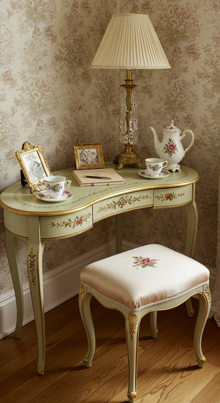 Tocador de estilo rococó pintado en verde salvia con detalles florales y dorados.