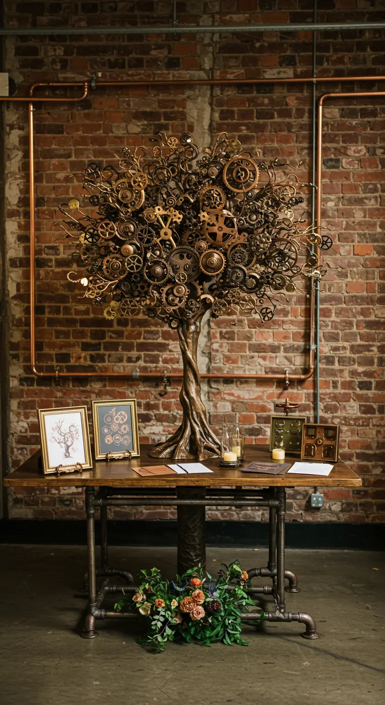 Escultura de árbol hecha de engranajes metálicos de estilo steampunk en una mesa industrial.