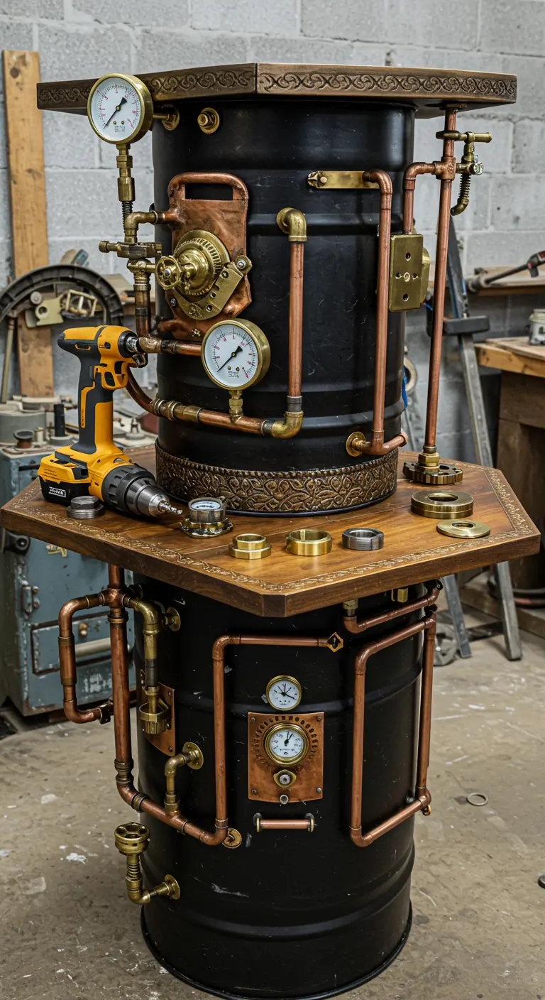 Impresionante mesa de estilo steampunk hecha con un barril negro y decorada con tuberías de cobre