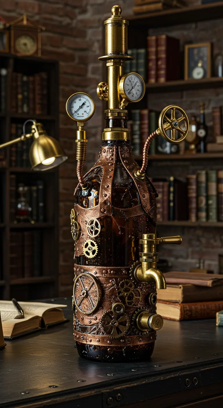 Dispensador de agua estilo steampunk, decorado con engranajes, tubos de cobre y manómetros.