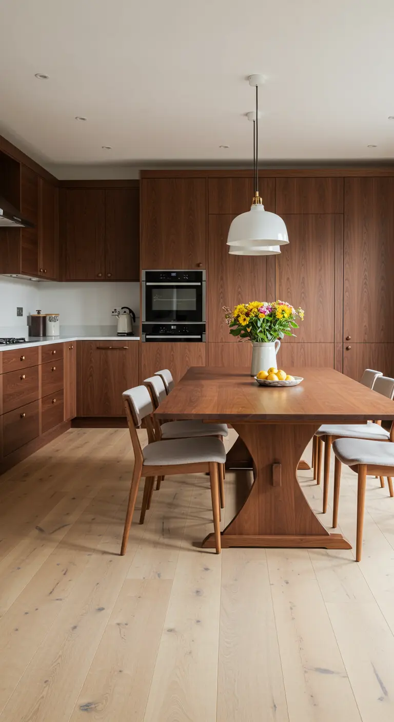 Cocina moderna de estilo granja con gabinetes de madera y comedor con lámpara de cúpula.